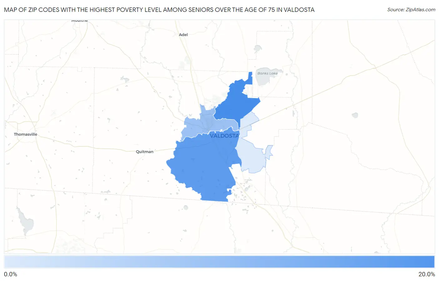 Zip Codes with the Highest Poverty Level Among Seniors Over the Age of 75 in Valdosta Map