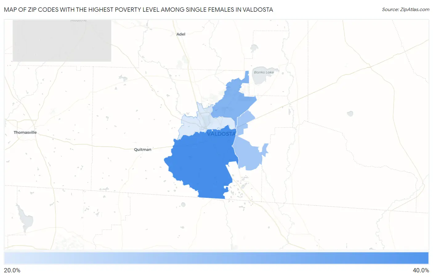 Zip Codes with the Highest Poverty Level Among Single Females in Valdosta Map