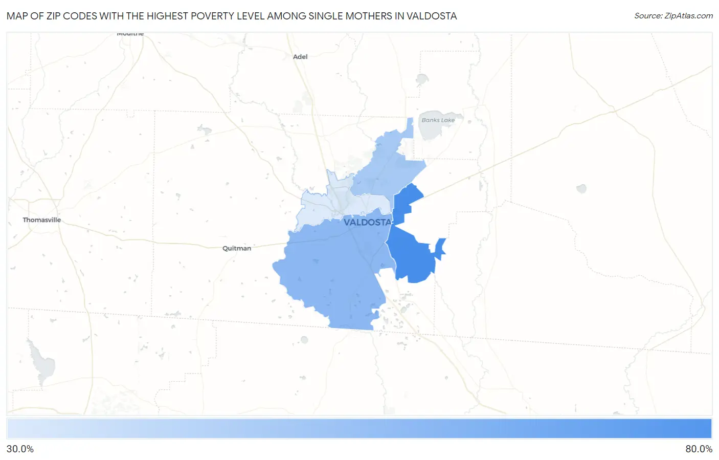 Zip Codes with the Highest Poverty Level Among Single Mothers in Valdosta Map