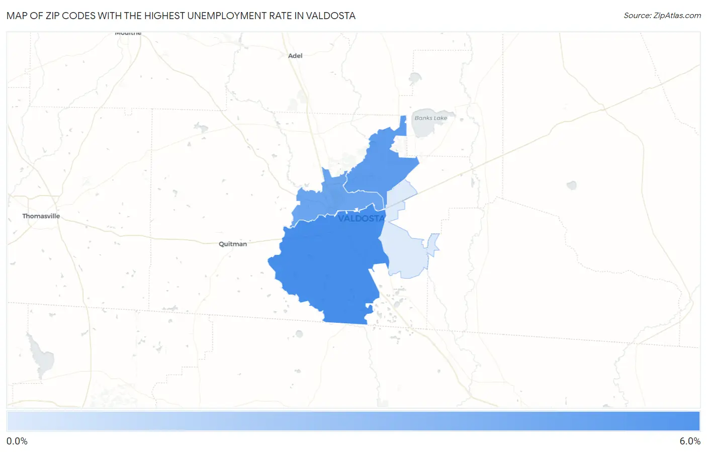 Zip Codes with the Highest Unemployment Rate in Valdosta Map
