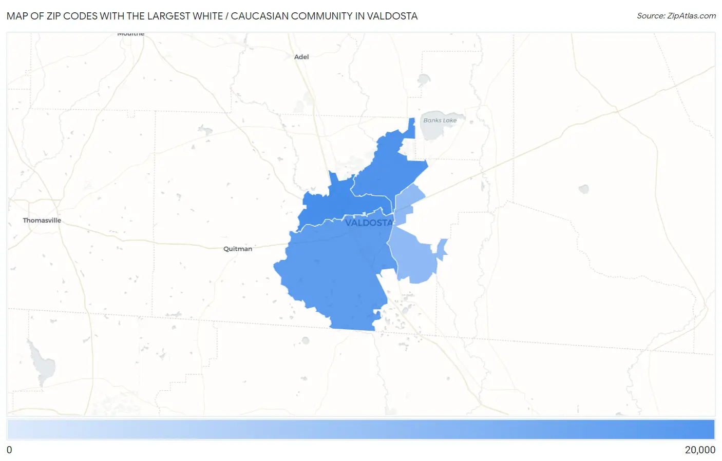Zip Codes with the Largest White / Caucasian Community in Valdosta Map
