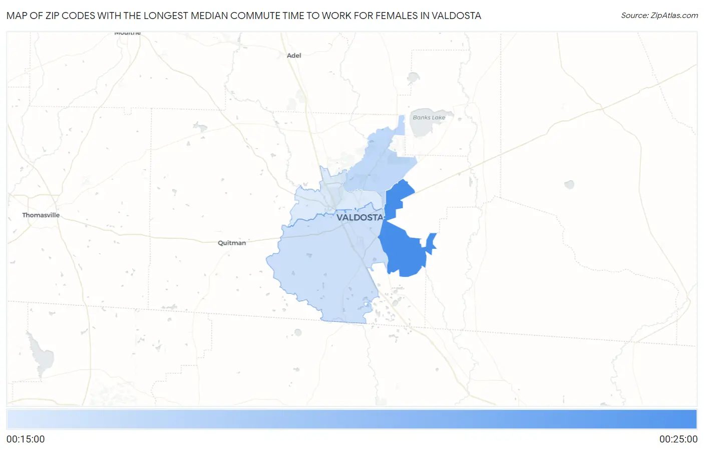 Zip Codes with the Longest Median Commute Time to Work for Females in Valdosta Map