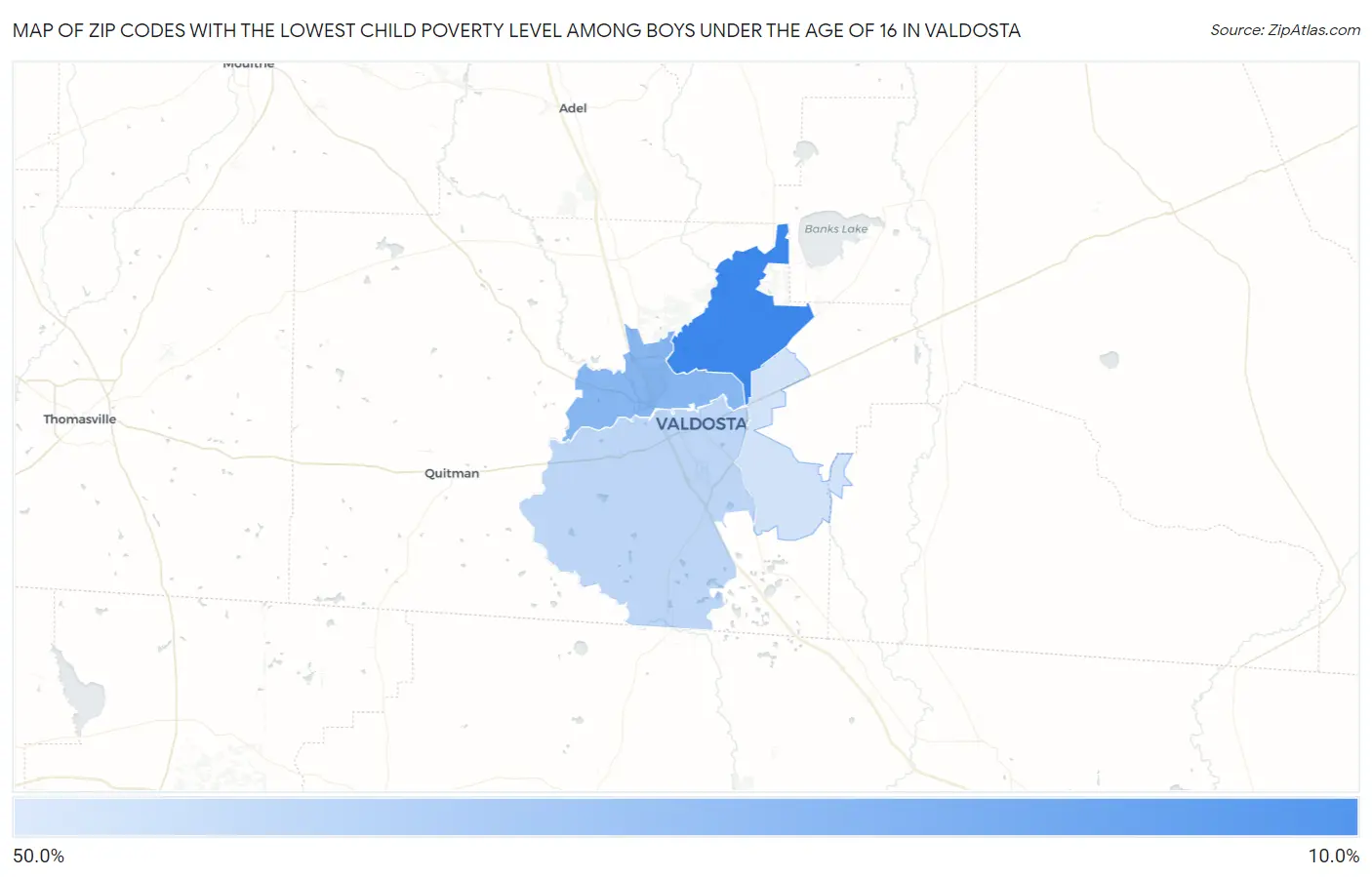 Zip Codes with the Lowest Child Poverty Level Among Boys Under the Age of 16 in Valdosta Map