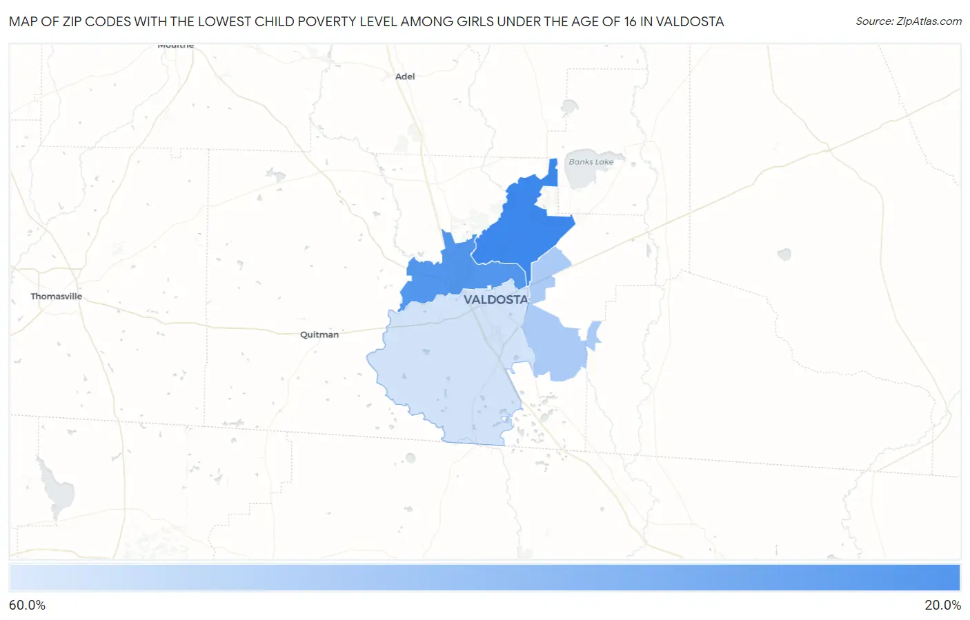 Zip Codes with the Lowest Child Poverty Level Among Girls Under the Age of 16 in Valdosta Map