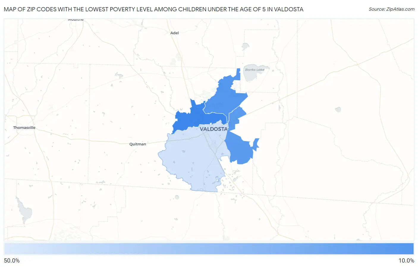 Zip Codes with the Lowest Poverty Level Among Children Under the Age of 5 in Valdosta Map