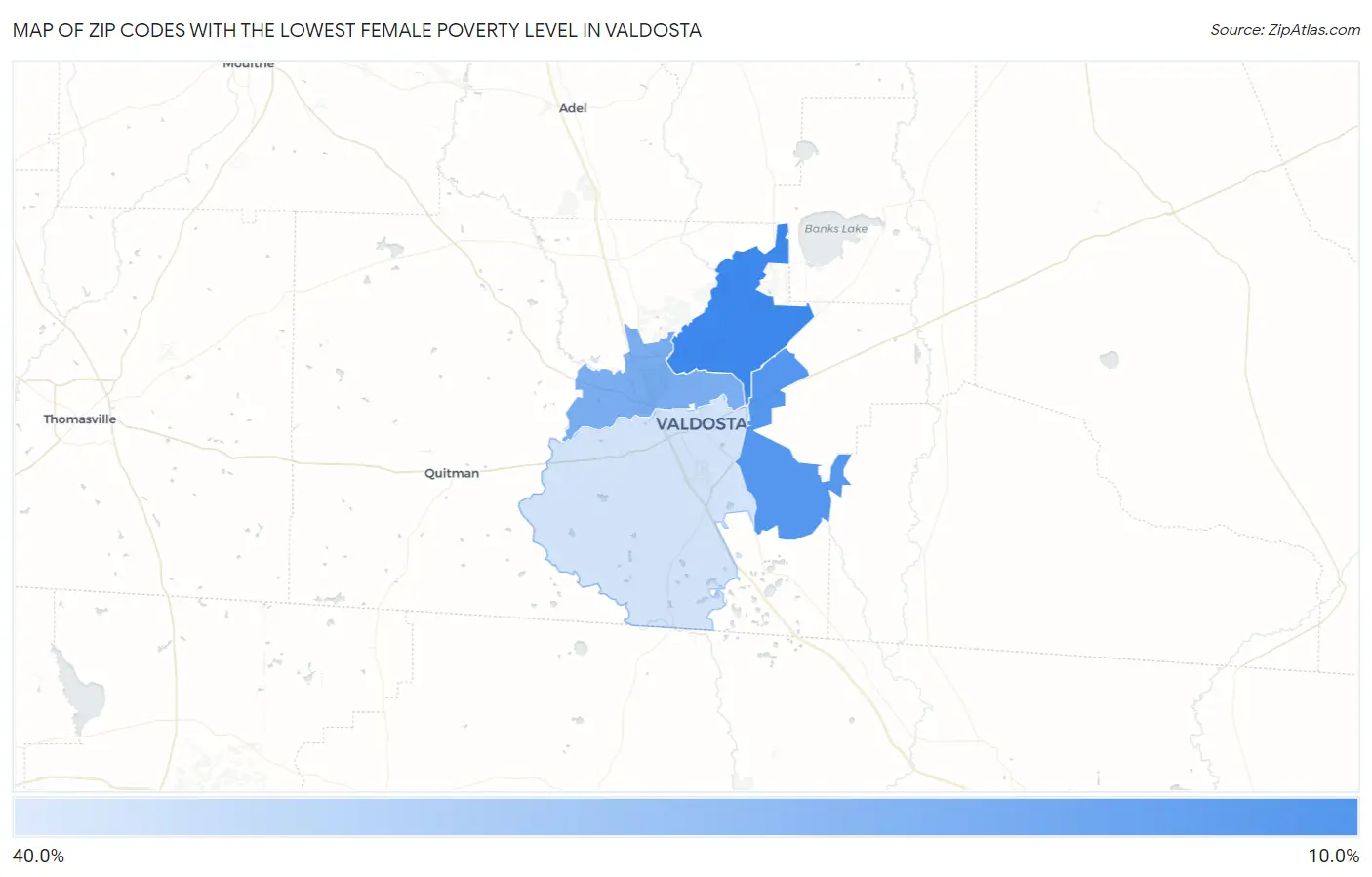 Zip Codes with the Lowest Female Poverty Level in Valdosta Map