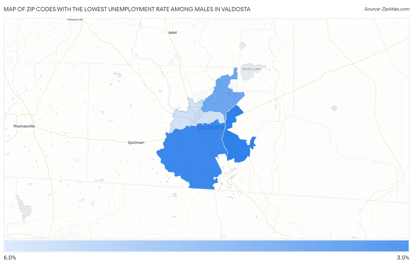 Zip Codes with the Lowest Unemployment Rate Among Males in Valdosta Map