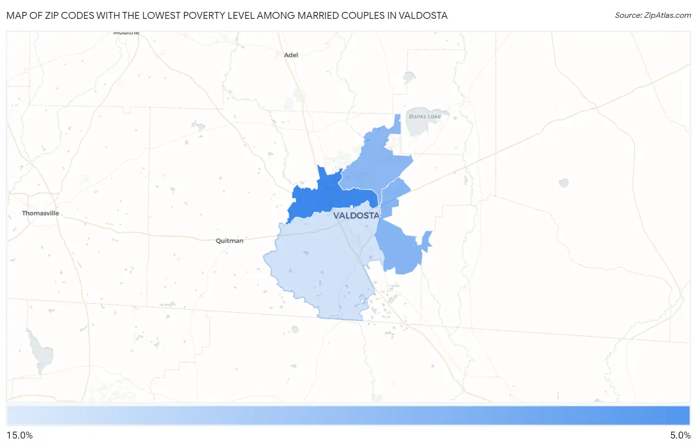 Zip Codes with the Lowest Poverty Level Among Married Couples in Valdosta Map