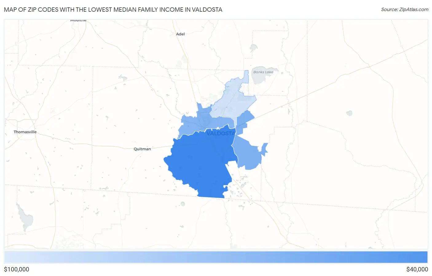 Zip Codes with the Lowest Median Family Income in Valdosta Map