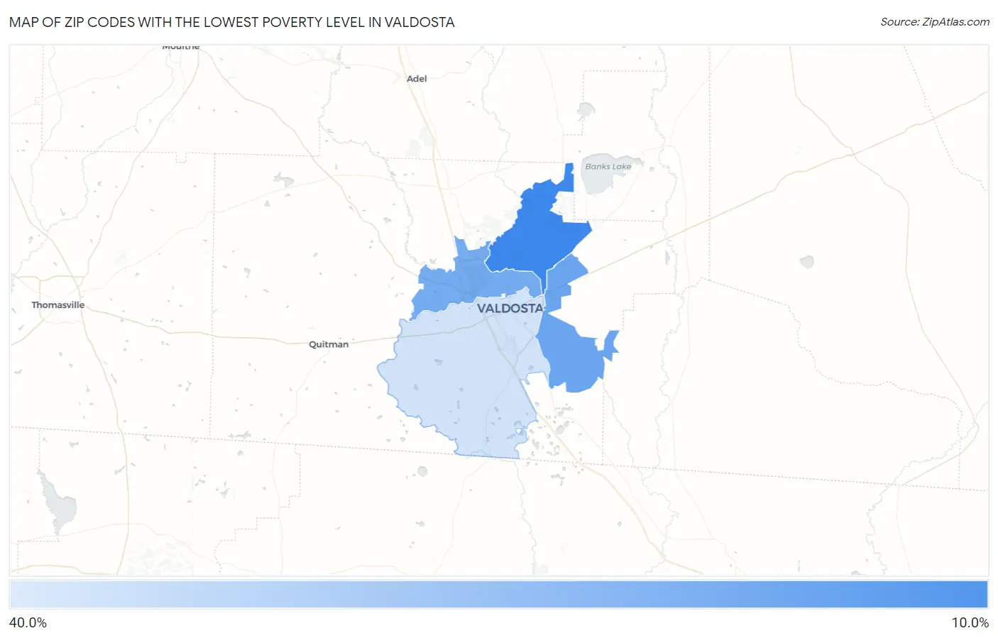 Zip Codes with the Lowest Poverty Level in Valdosta Map