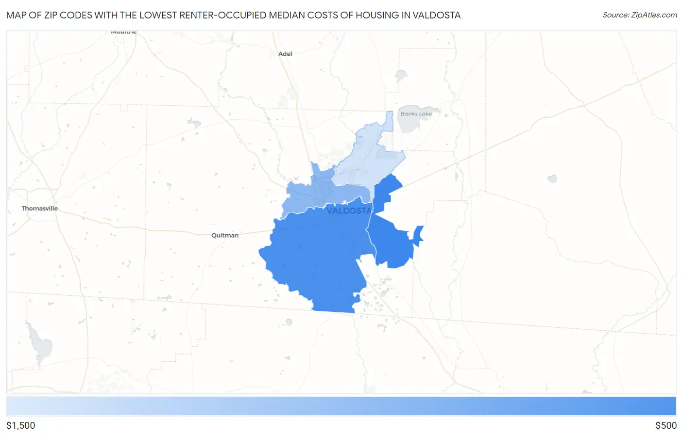 Zip Codes with the Lowest Renter-Occupied Median Costs of Housing in Valdosta Map