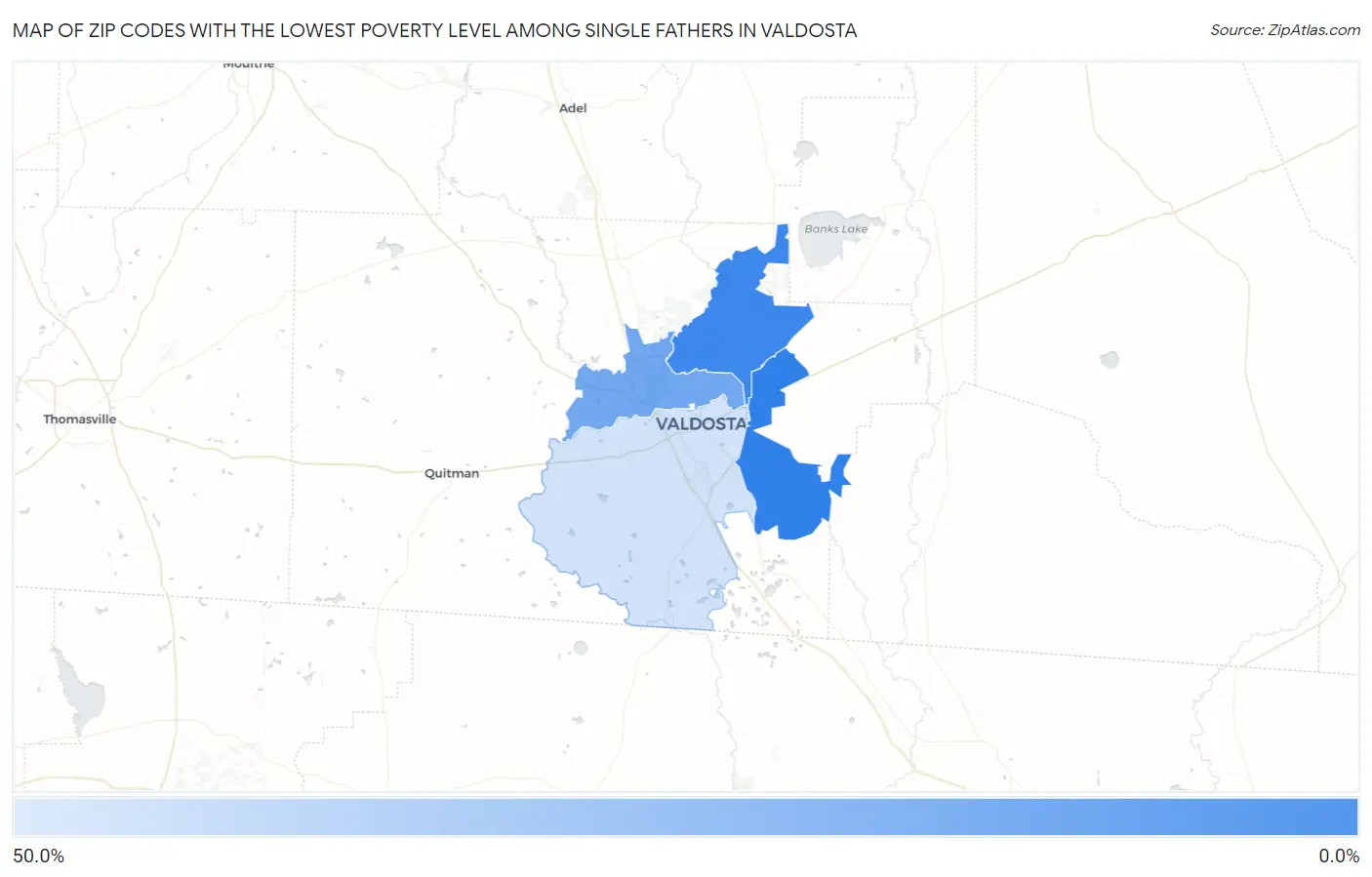 Zip Codes with the Lowest Poverty Level Among Single Fathers in Valdosta Map