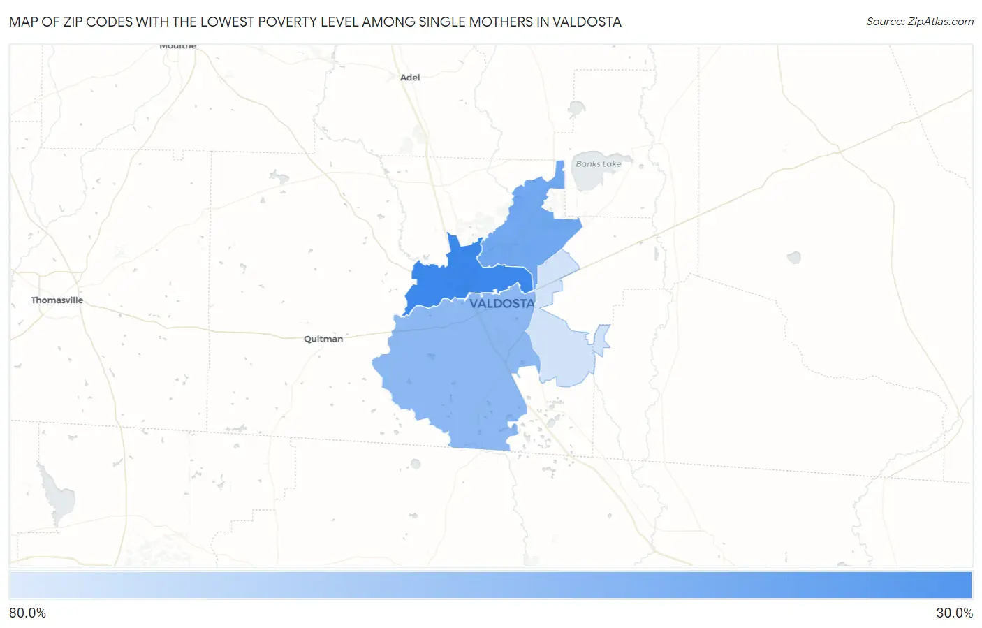 Zip Codes with the Lowest Poverty Level Among Single Mothers in Valdosta Map