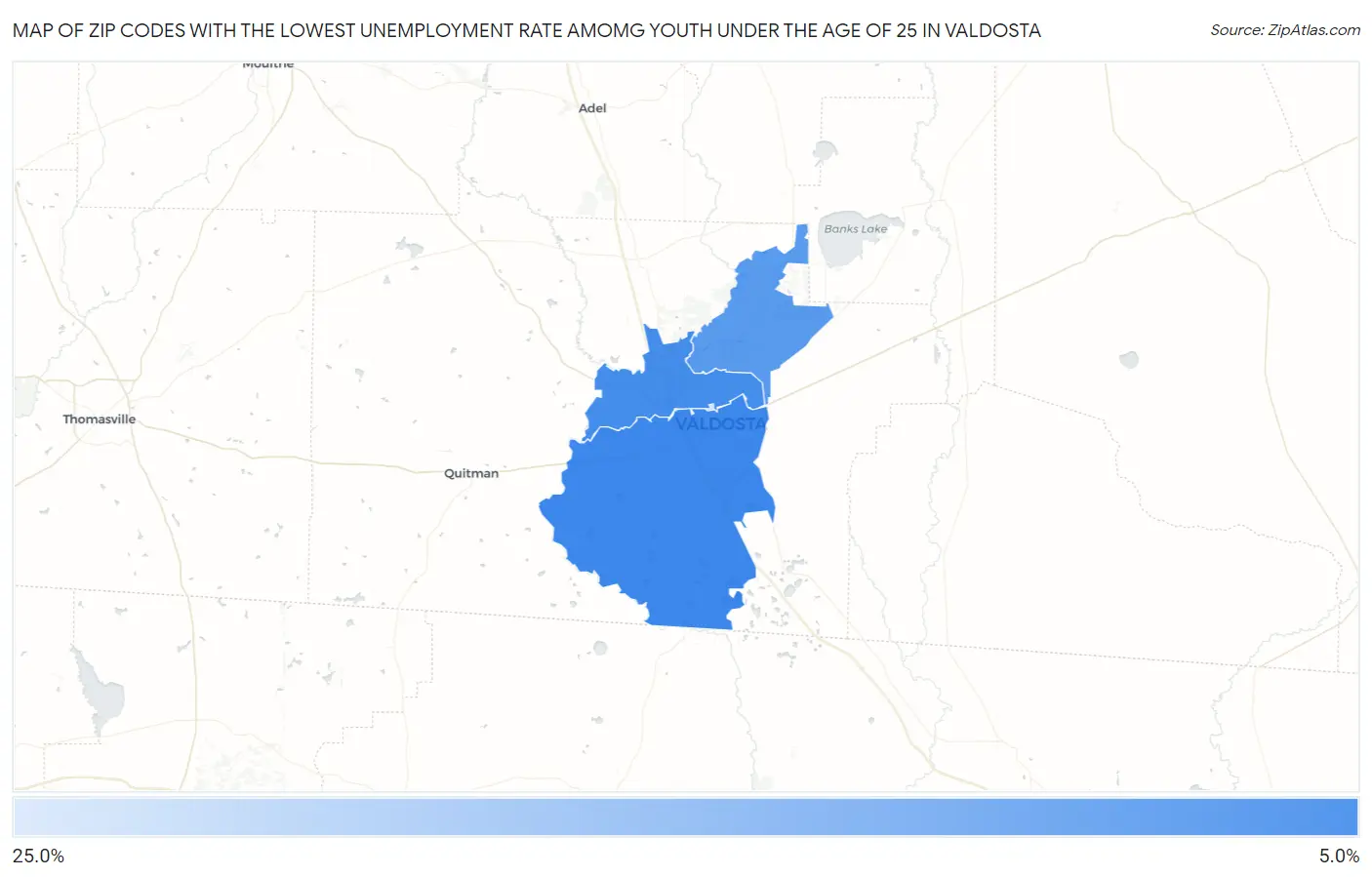 Zip Codes with the Lowest Unemployment Rate Amomg Youth Under the Age of 25 in Valdosta Map