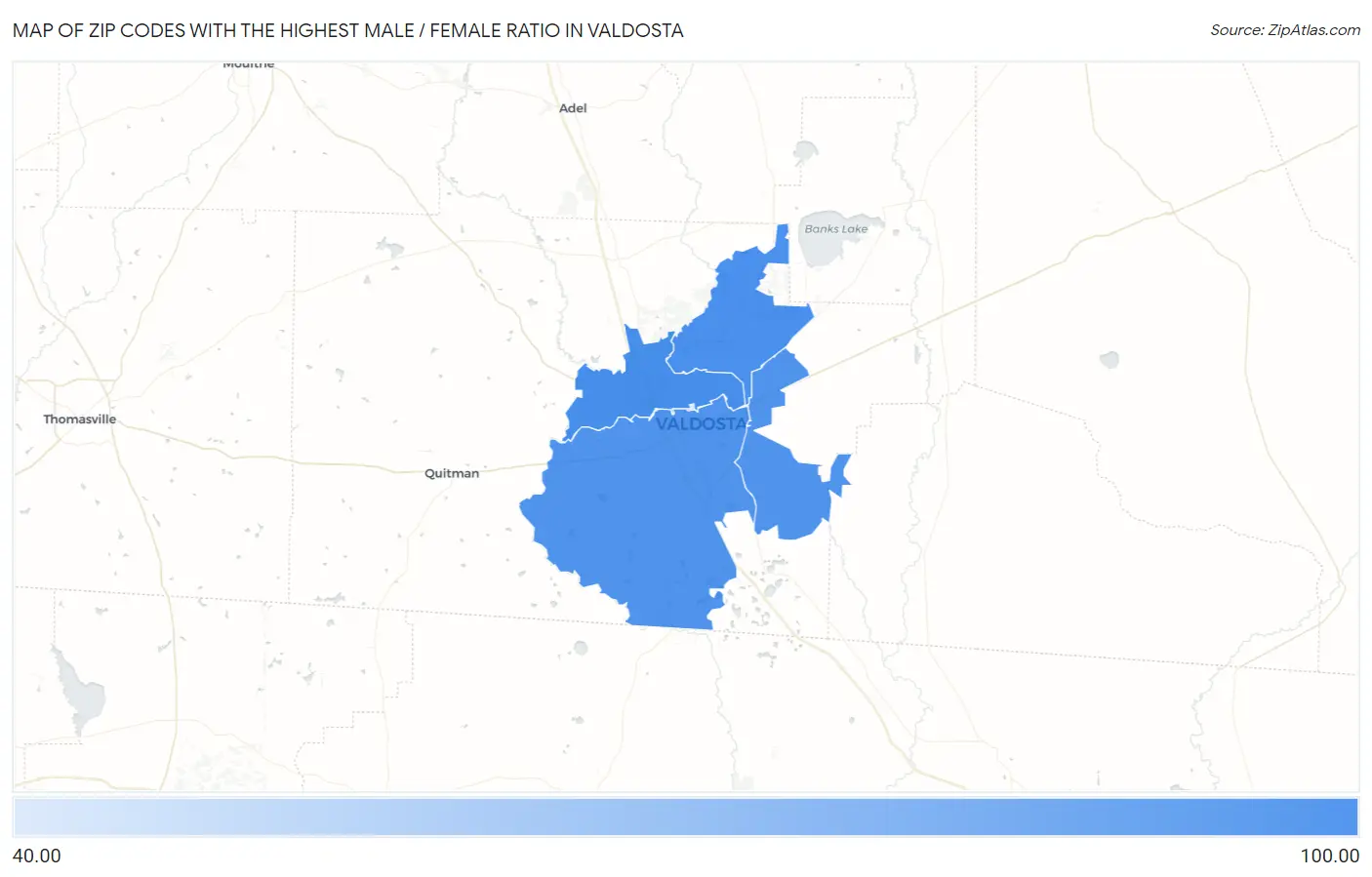 Zip Codes with the Highest Male / Female Ratio in Valdosta Map