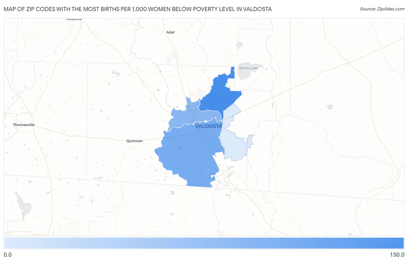 Zip Codes with the Most Births per 1,000 Women Below Poverty Level in Valdosta Map
