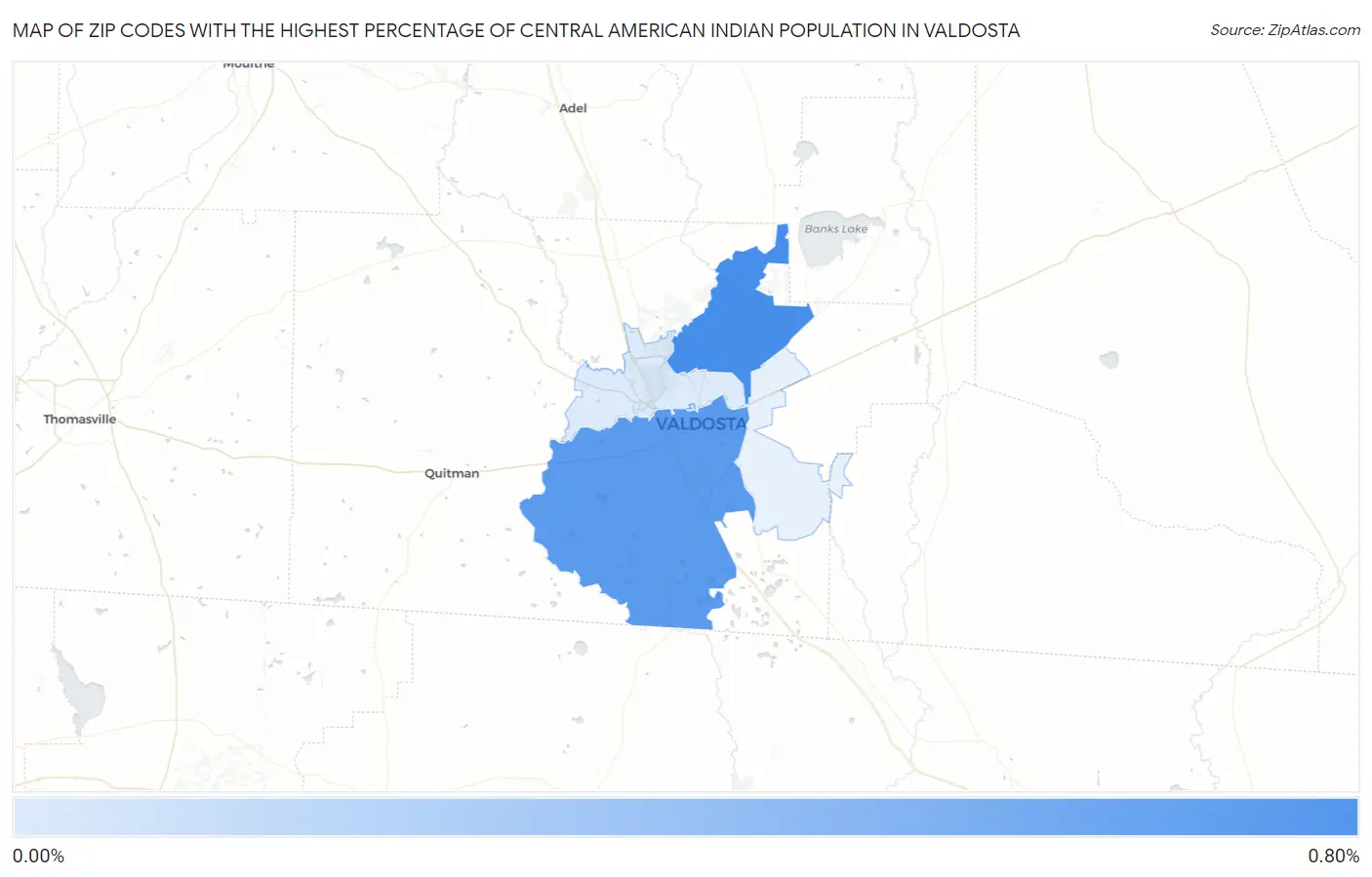 Zip Codes with the Highest Percentage of Central American Indian Population in Valdosta Map