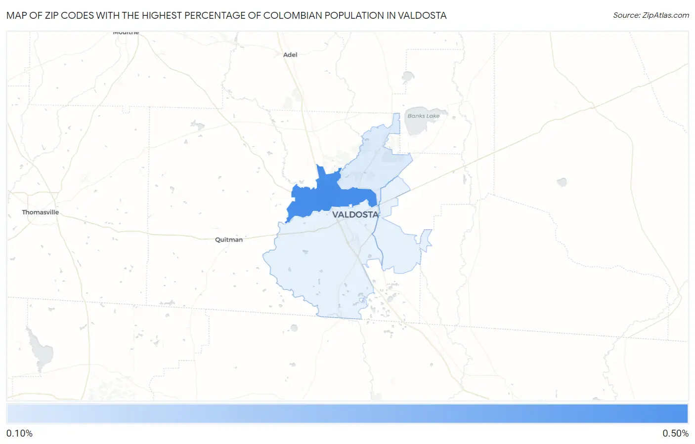 Zip Codes with the Highest Percentage of Colombian Population in Valdosta Map