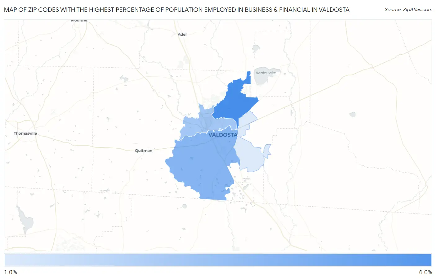 Zip Codes with the Highest Percentage of Population Employed in Business & Financial in Valdosta Map