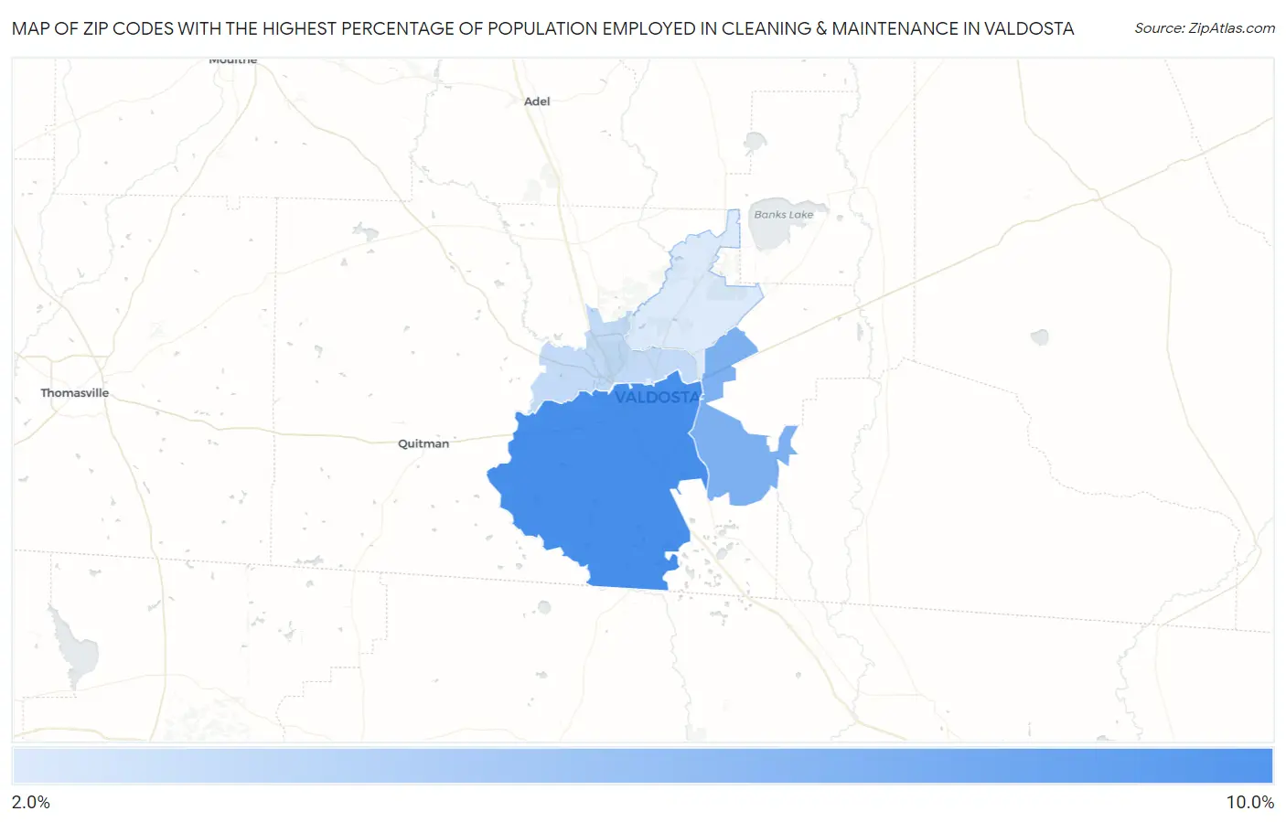 Zip Codes with the Highest Percentage of Population Employed in Cleaning & Maintenance in Valdosta Map