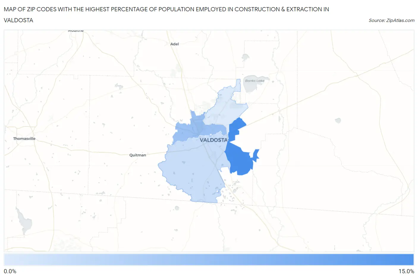 Zip Codes with the Highest Percentage of Population Employed in Construction & Extraction in Valdosta Map