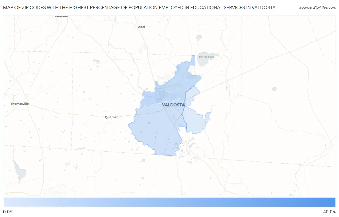 Zip Codes with the Highest Percentage of Population Employed in Educational Services in Valdosta Map