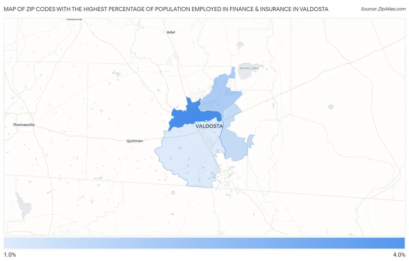 Zip Codes with the Highest Percentage of Population Employed in Finance & Insurance in Valdosta Map
