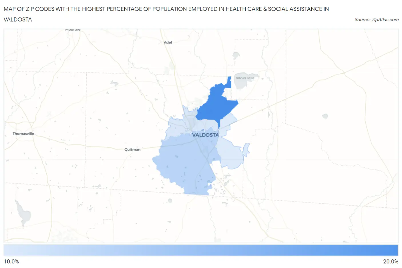 Zip Codes with the Highest Percentage of Population Employed in Health Care & Social Assistance in Valdosta Map