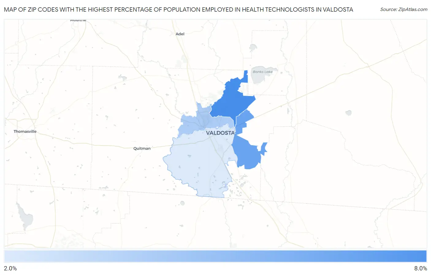 Zip Codes with the Highest Percentage of Population Employed in Health Technologists in Valdosta Map