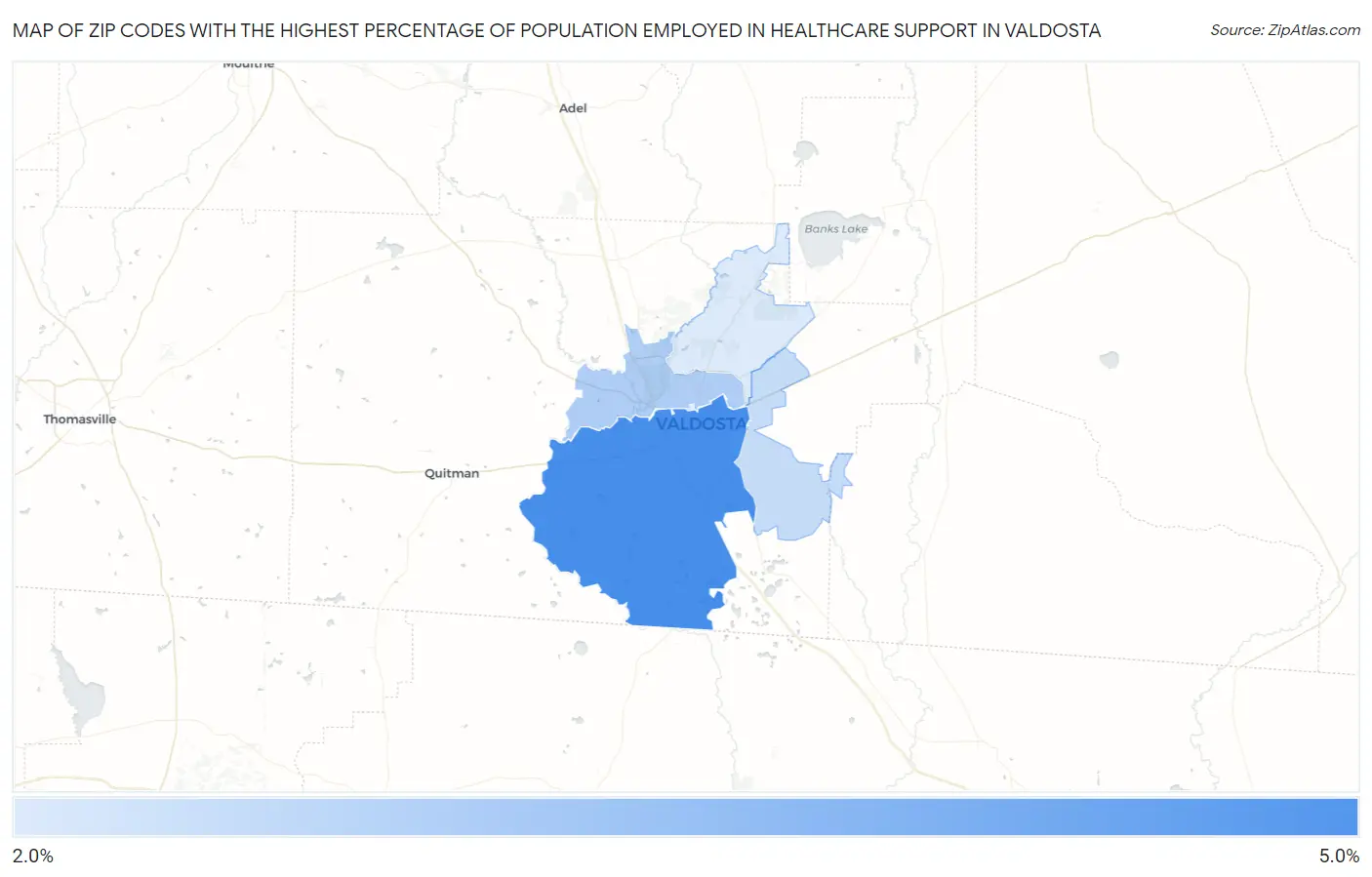 Zip Codes with the Highest Percentage of Population Employed in Healthcare Support in Valdosta Map