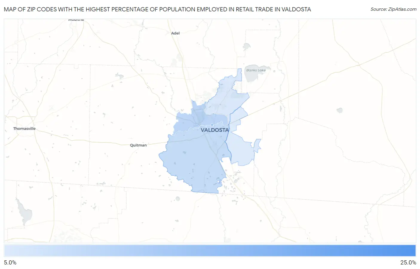 Zip Codes with the Highest Percentage of Population Employed in Retail Trade in Valdosta Map