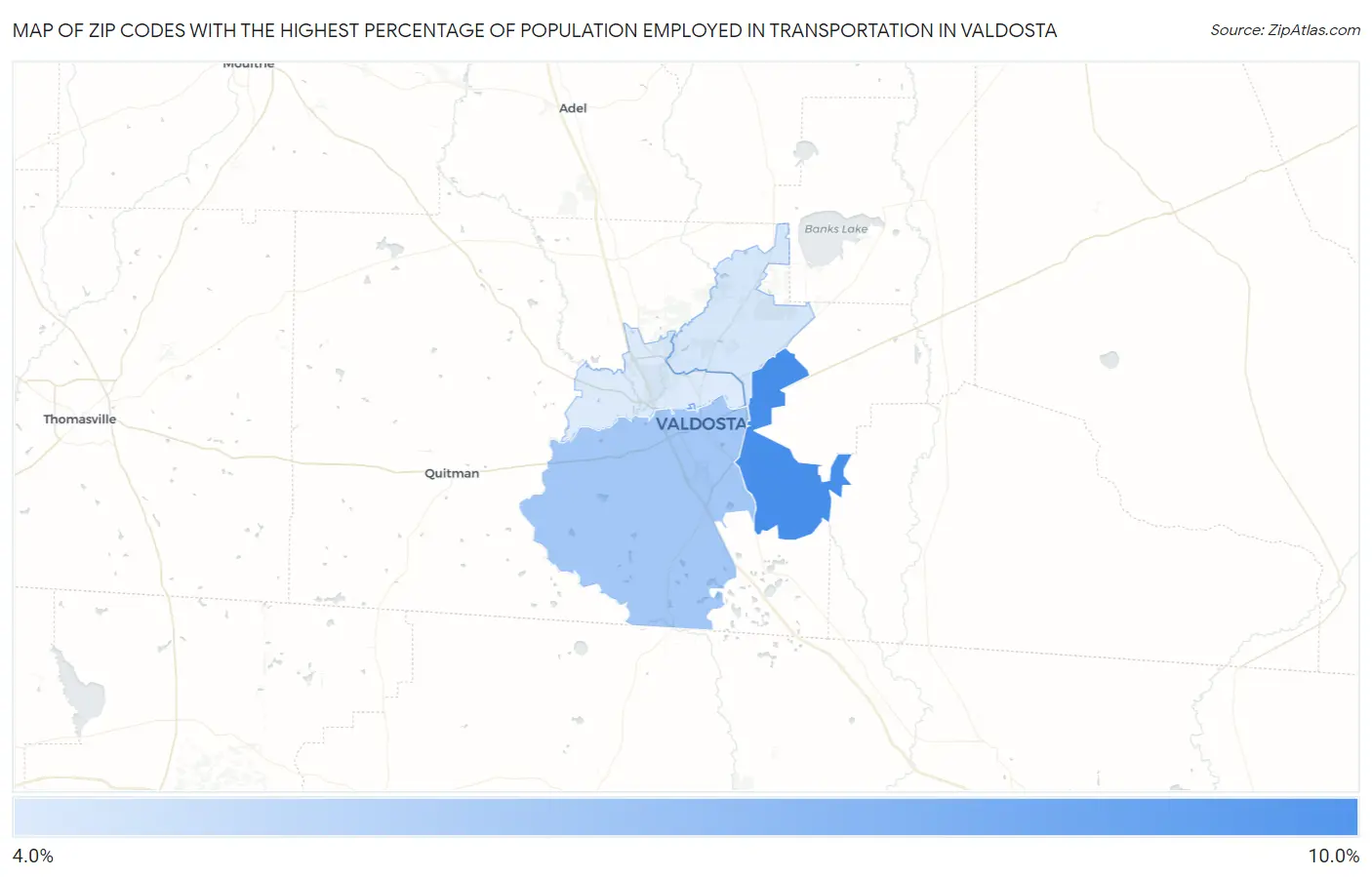 Zip Codes with the Highest Percentage of Population Employed in Transportation in Valdosta Map