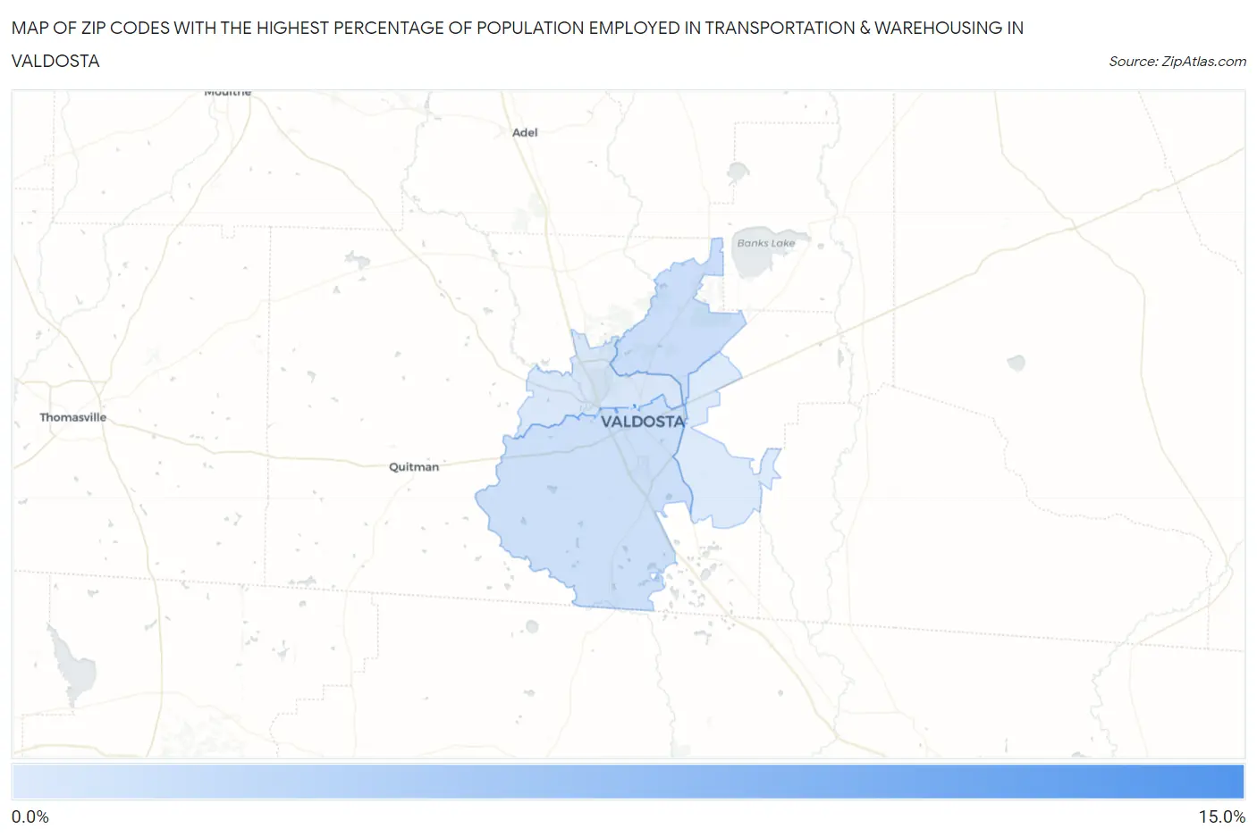 Zip Codes with the Highest Percentage of Population Employed in Transportation & Warehousing in Valdosta Map
