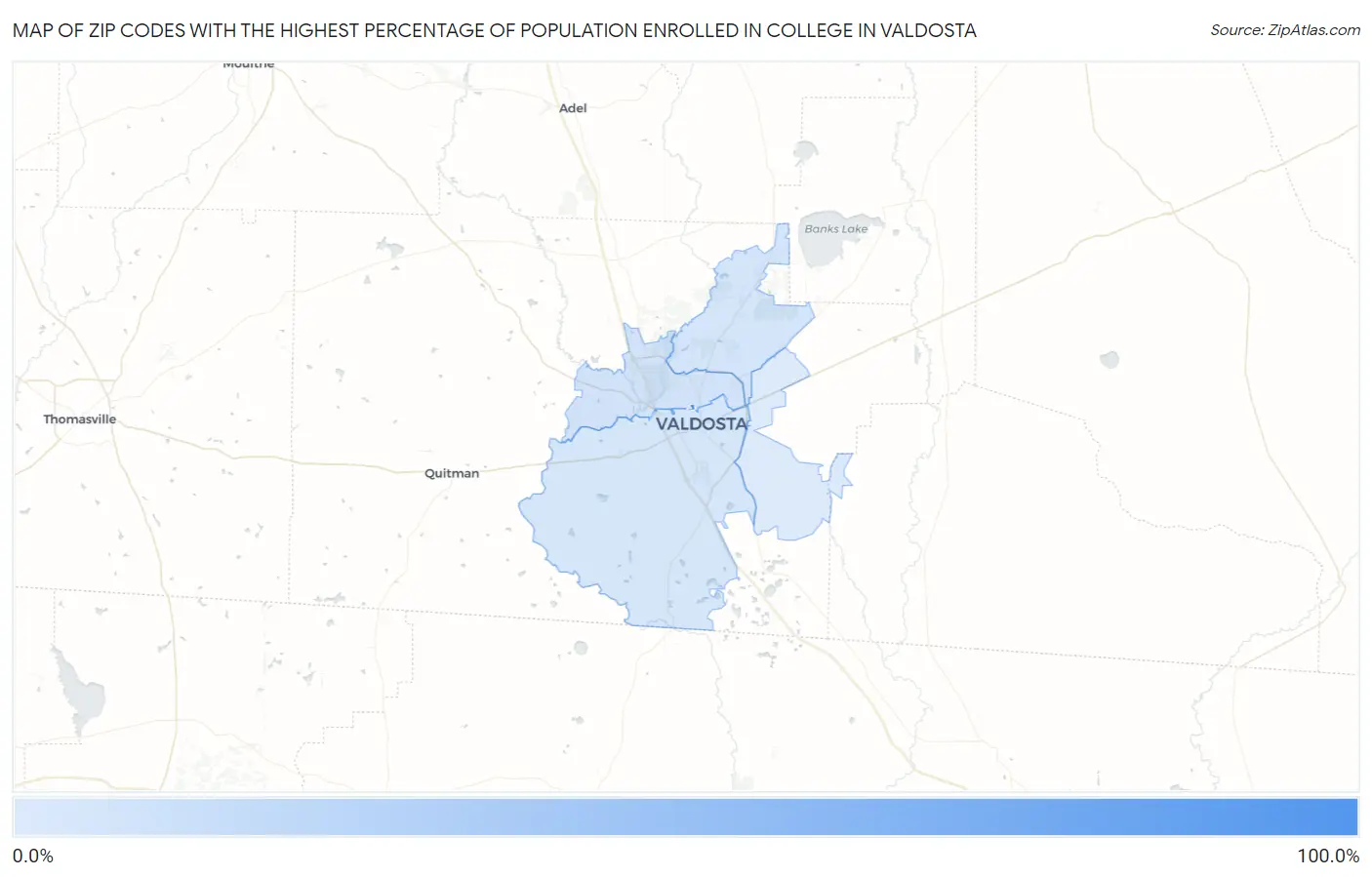 Zip Codes with the Highest Percentage of Population Enrolled in College in Valdosta Map