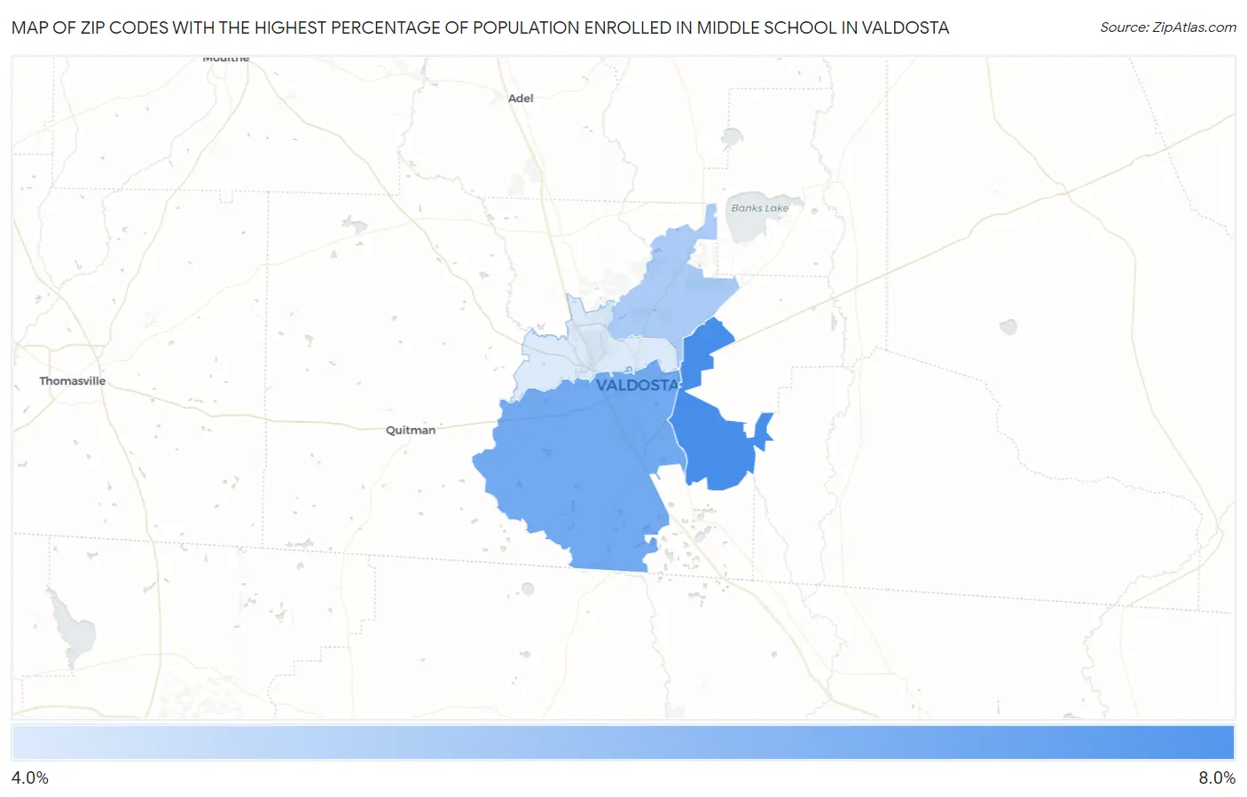 Zip Codes with the Highest Percentage of Population Enrolled in Middle School in Valdosta Map