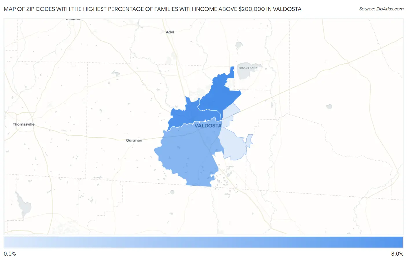 Zip Codes with the Highest Percentage of Families with Income Above $200,000 in Valdosta Map
