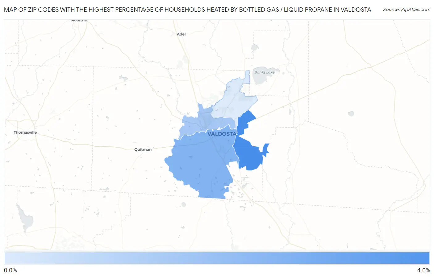Zip Codes with the Highest Percentage of Households Heated by Bottled Gas / Liquid Propane in Valdosta Map