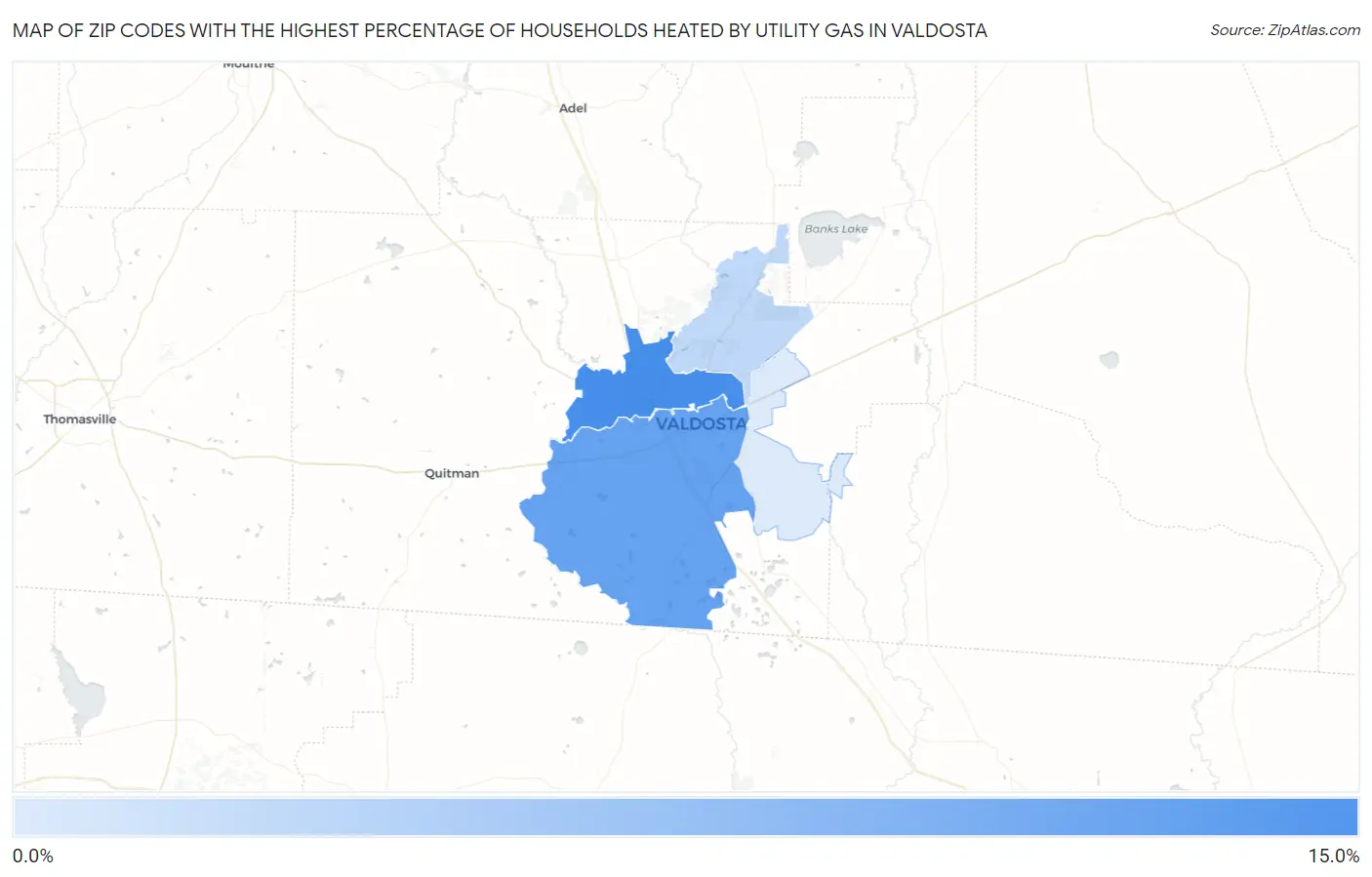 Zip Codes with the Highest Percentage of Households Heated by Utility Gas in Valdosta Map