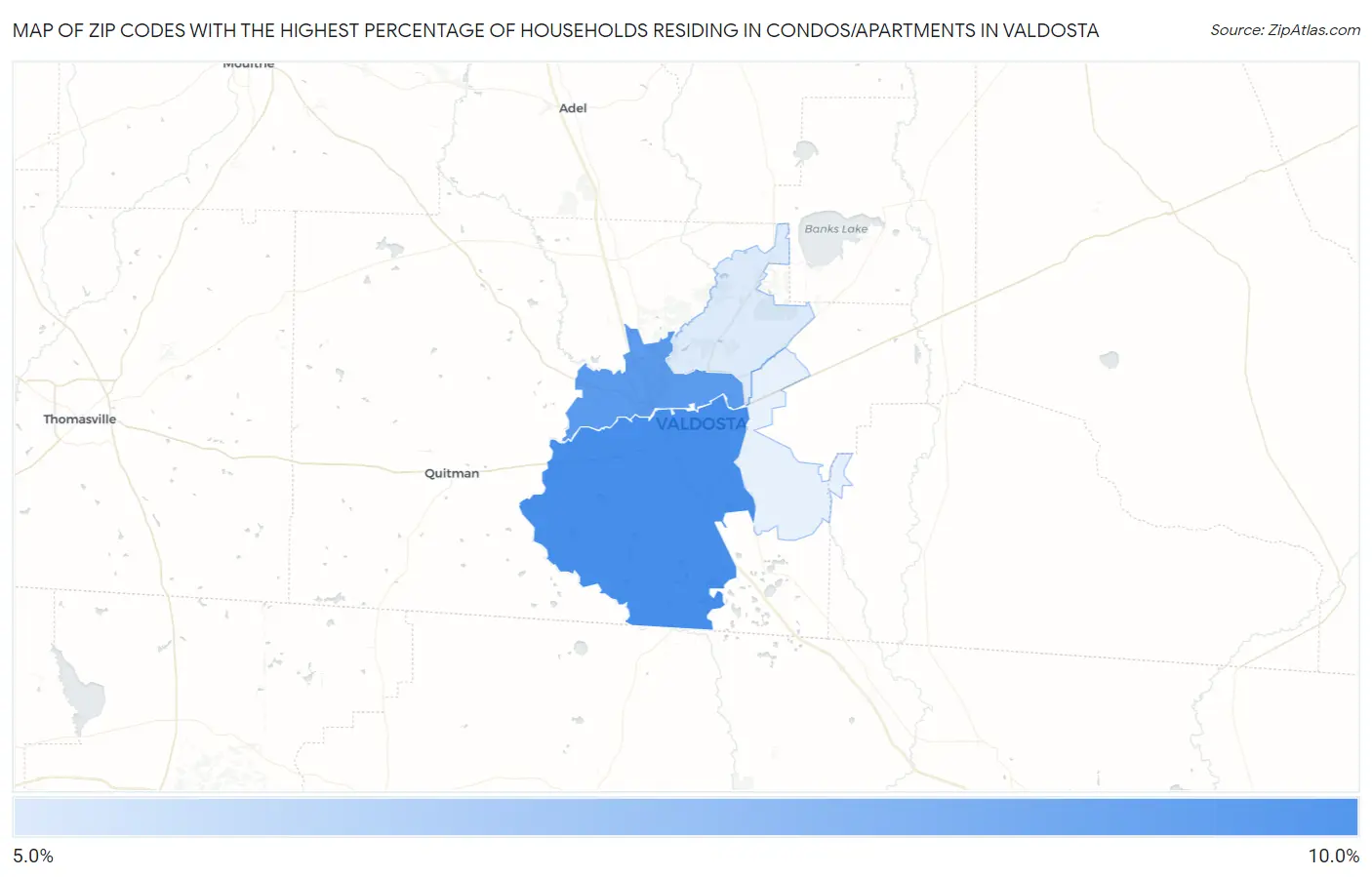 Zip Codes with the Highest Percentage of Households Residing in Condos/Apartments in Valdosta Map