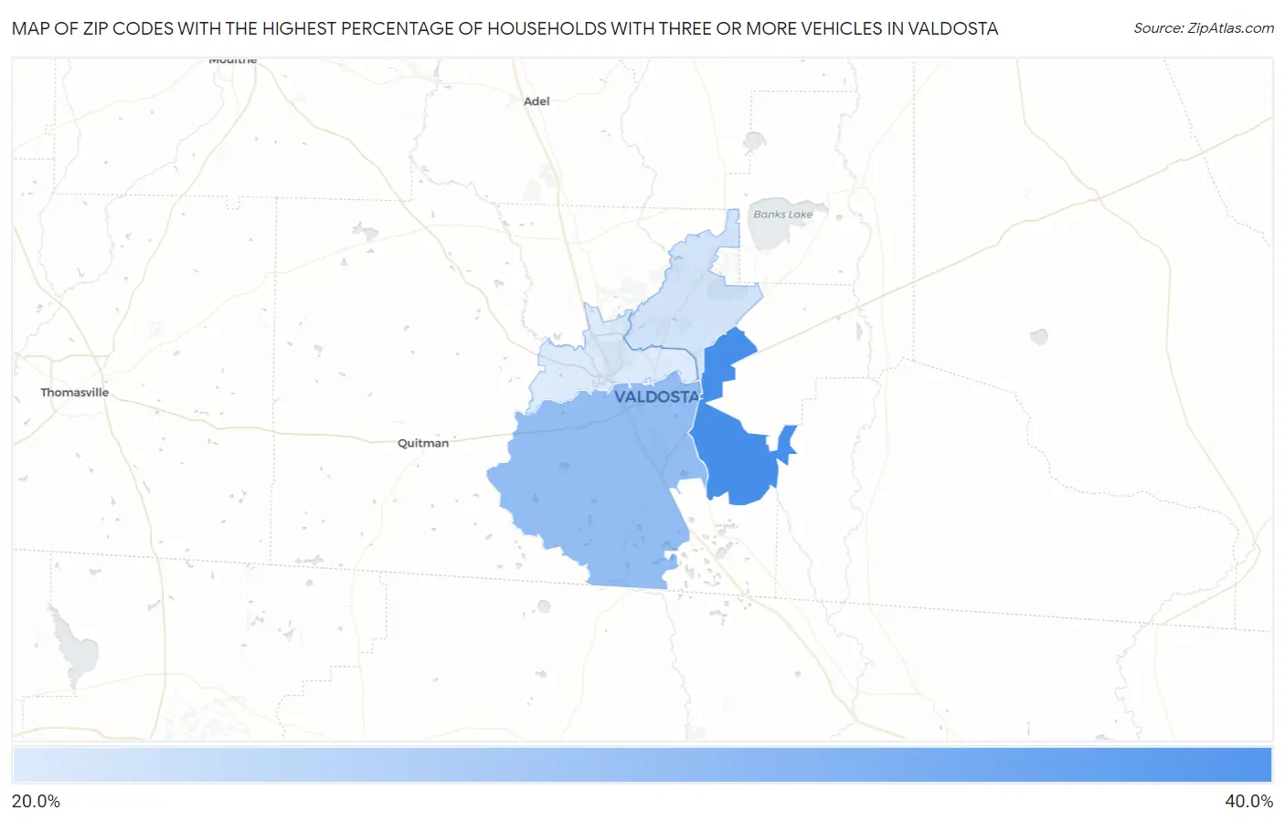 Zip Codes with the Highest Percentage of Households With Three or more Vehicles in Valdosta Map