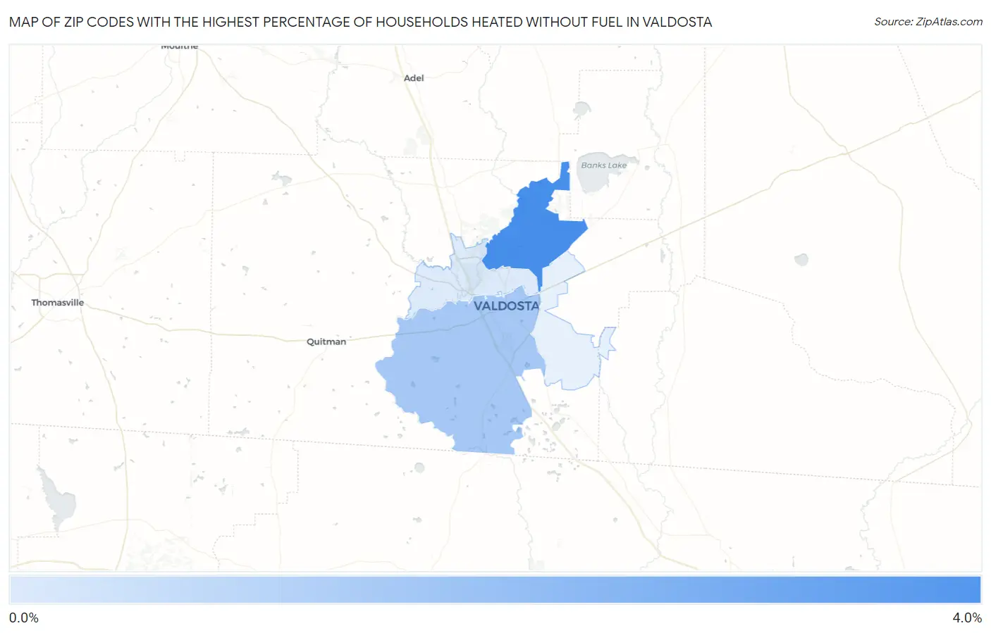 Zip Codes with the Highest Percentage of Households Heated without Fuel in Valdosta Map