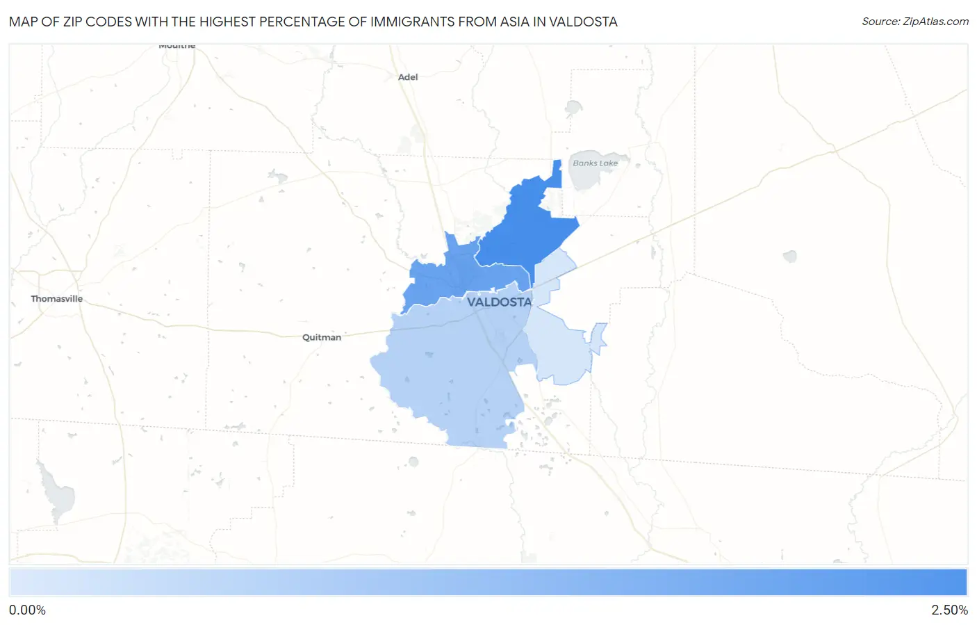 Zip Codes with the Highest Percentage of Immigrants from Asia in Valdosta Map