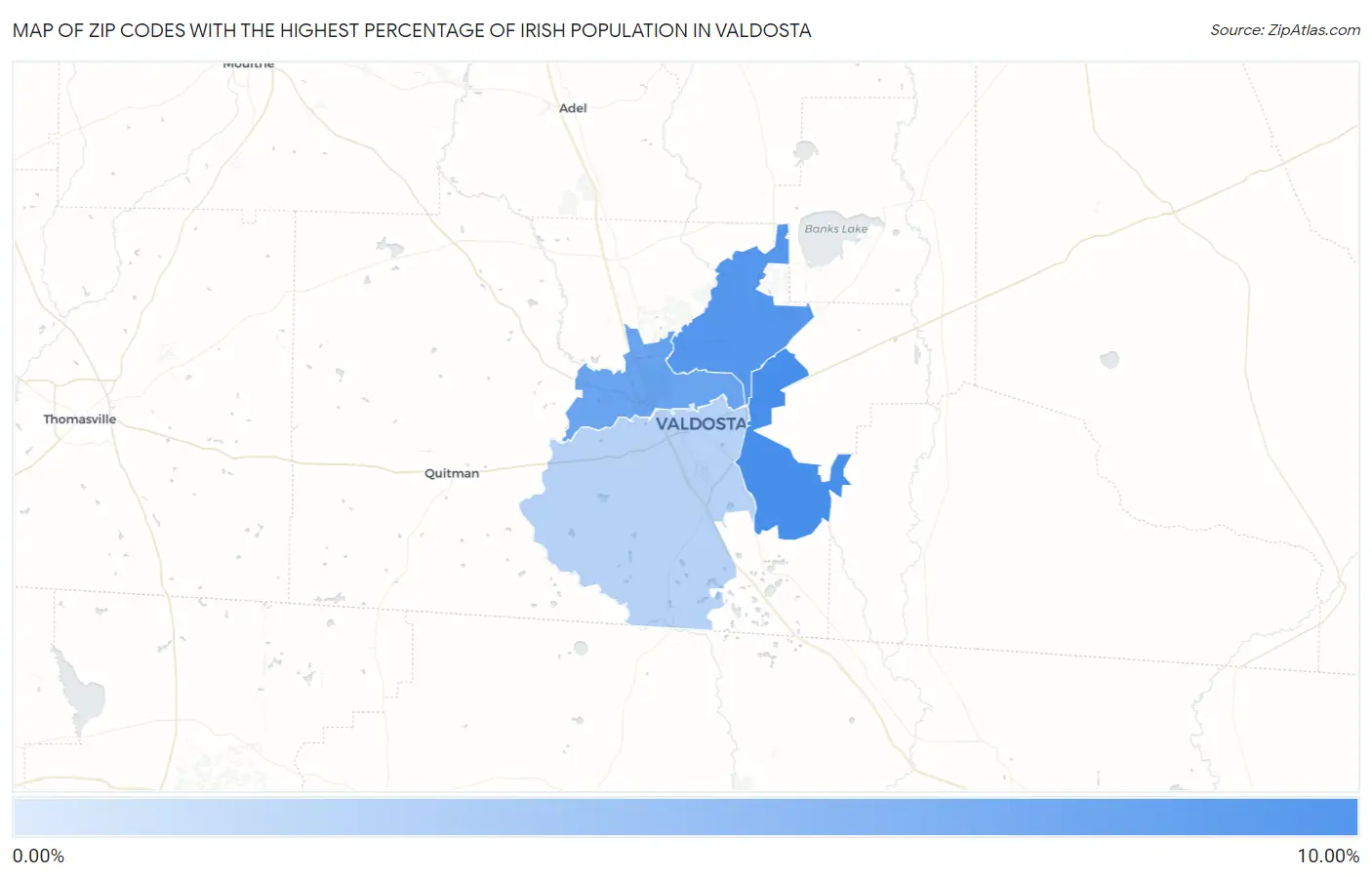 Zip Codes with the Highest Percentage of Irish Population in Valdosta Map