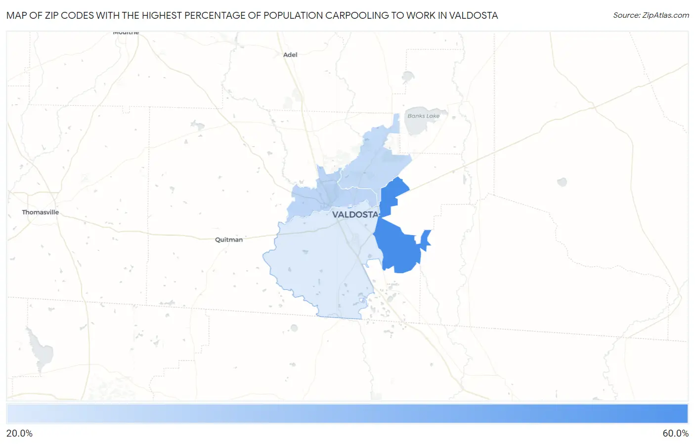 Zip Codes with the Highest Percentage of Population Carpooling to Work in Valdosta Map