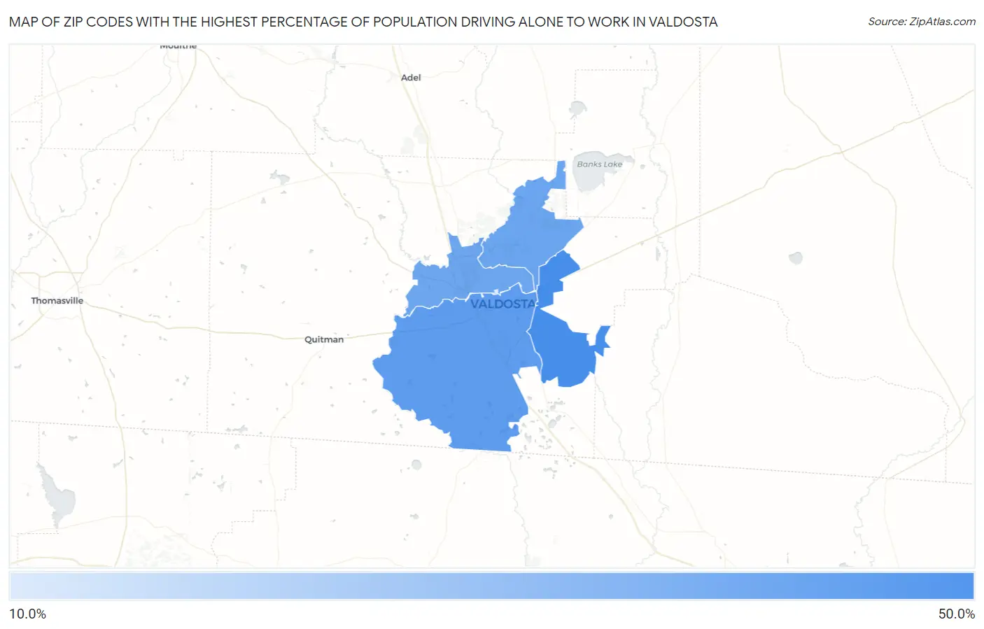 Zip Codes with the Highest Percentage of Population Driving Alone to Work in Valdosta Map