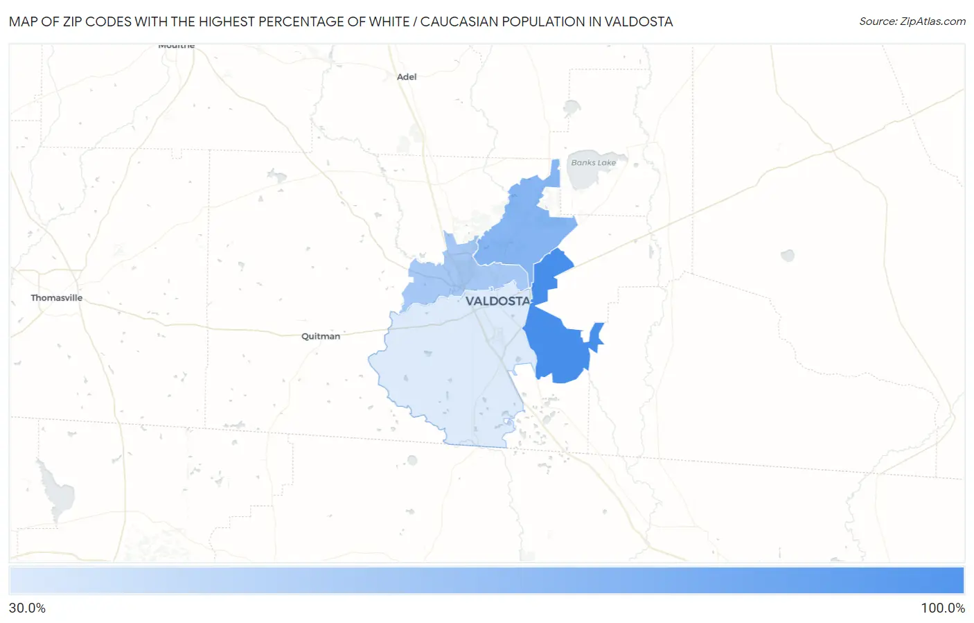 Zip Codes with the Highest Percentage of White / Caucasian Population in Valdosta Map