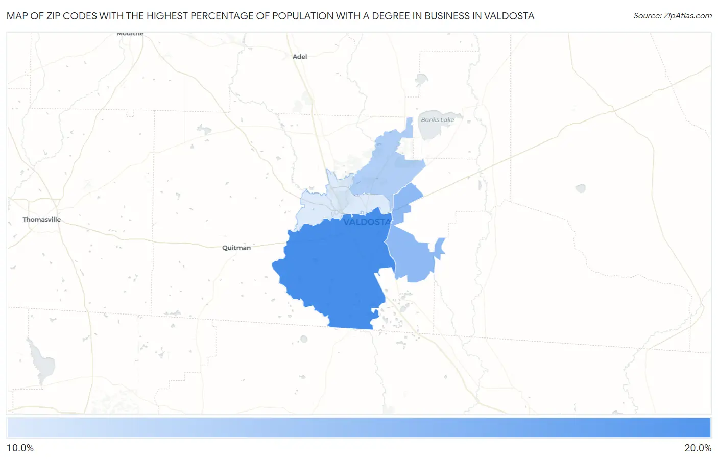 Zip Codes with the Highest Percentage of Population with a Degree in Business in Valdosta Map