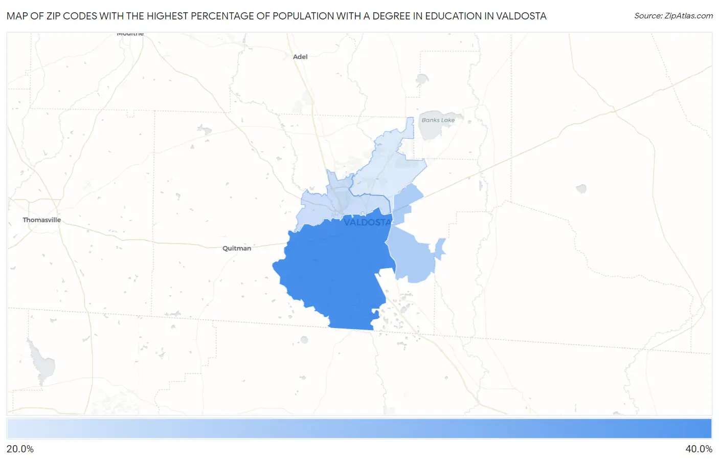 Zip Codes with the Highest Percentage of Population with a Degree in Education in Valdosta Map