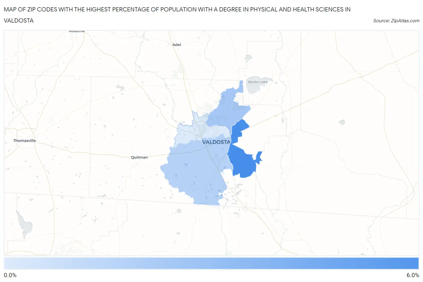 Zip Codes with the Highest Percentage of Population with a Degree in Physical and Health Sciences in Valdosta Map