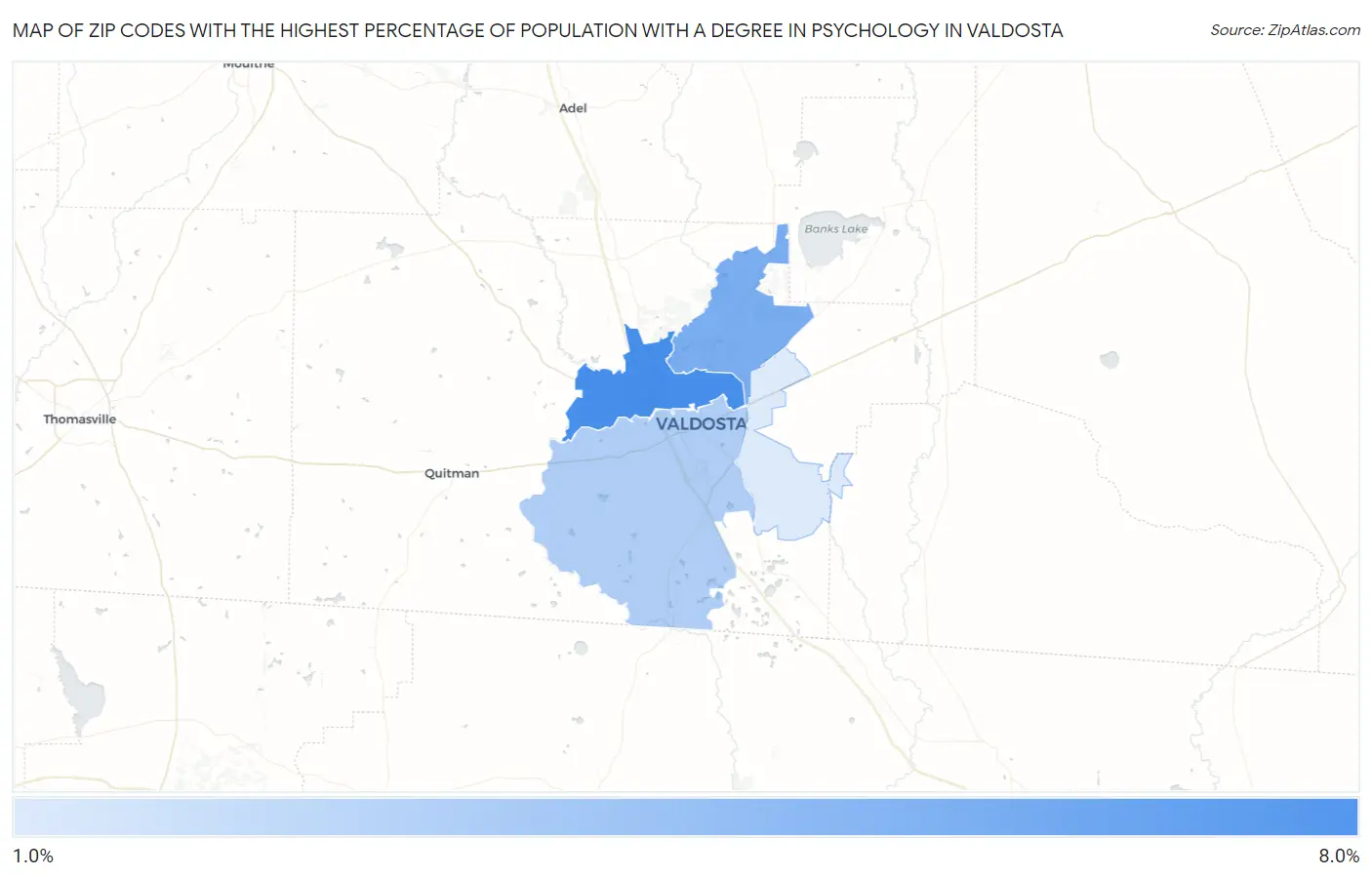 Zip Codes with the Highest Percentage of Population with a Degree in Psychology in Valdosta Map